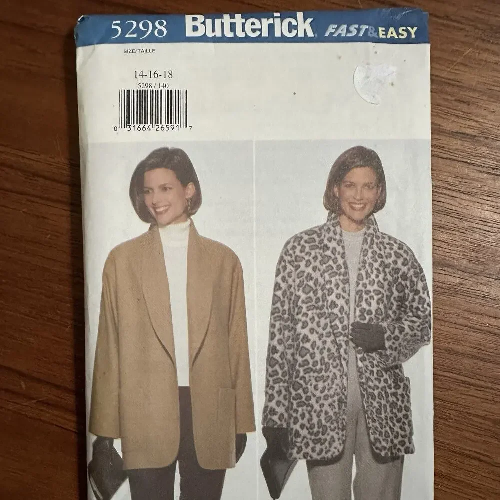 UNCUT BUTTERICK #5298 LADIES LOOSE FITTING HIP LENGTH JACKET PATTERN 14-18 FF